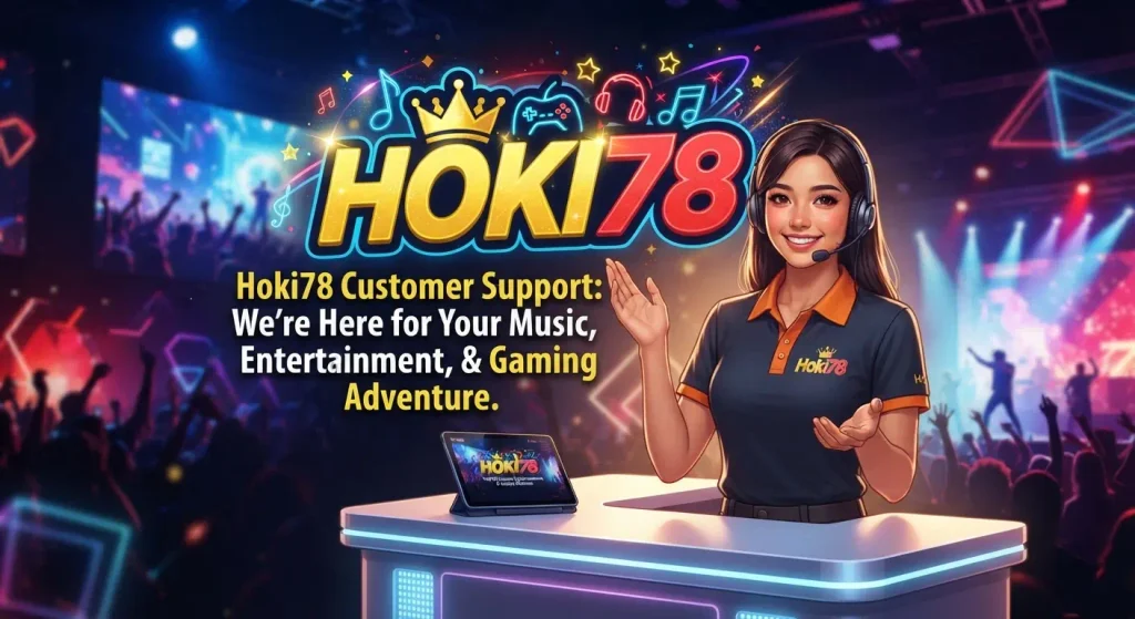 Seorang representatif Customer Service Hoki78 yang ramah dengan headset, berdiri di depan latar belakang panggung konser dan gaming yang dinamis, menyambut pelanggan. Logo Hoki78 berwarna emas dan merah yang khas ditampilkan dengan jelas di atas.