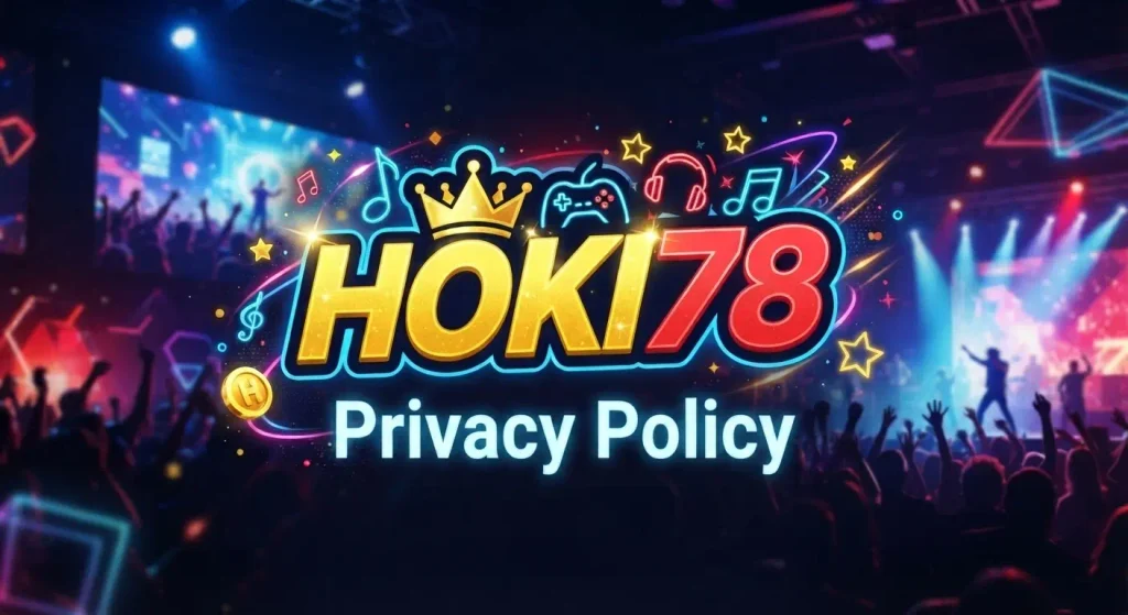 Logo Hoki78 kuning merah dengan teks Privacy Policy untuk informasi kebijakan privasi dan keamanan data pengguna platform digital gaming